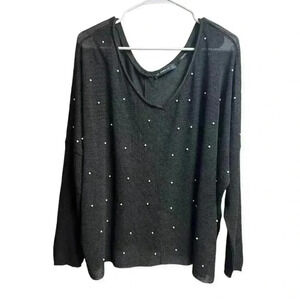 Zara Knit Sheer Black Sweater Pearl Embellished Dropped Shoulder Medium